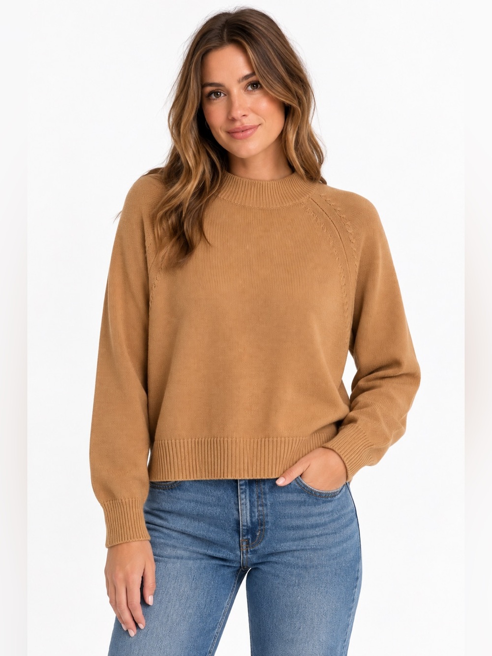 Quince 100% Organic Cotton Mock Neck Sweater Camel Tan Large